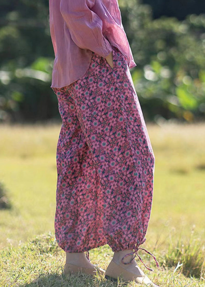 New Rose Ruffled Print Lace Up Linen Crop Pants Summer Gh1075