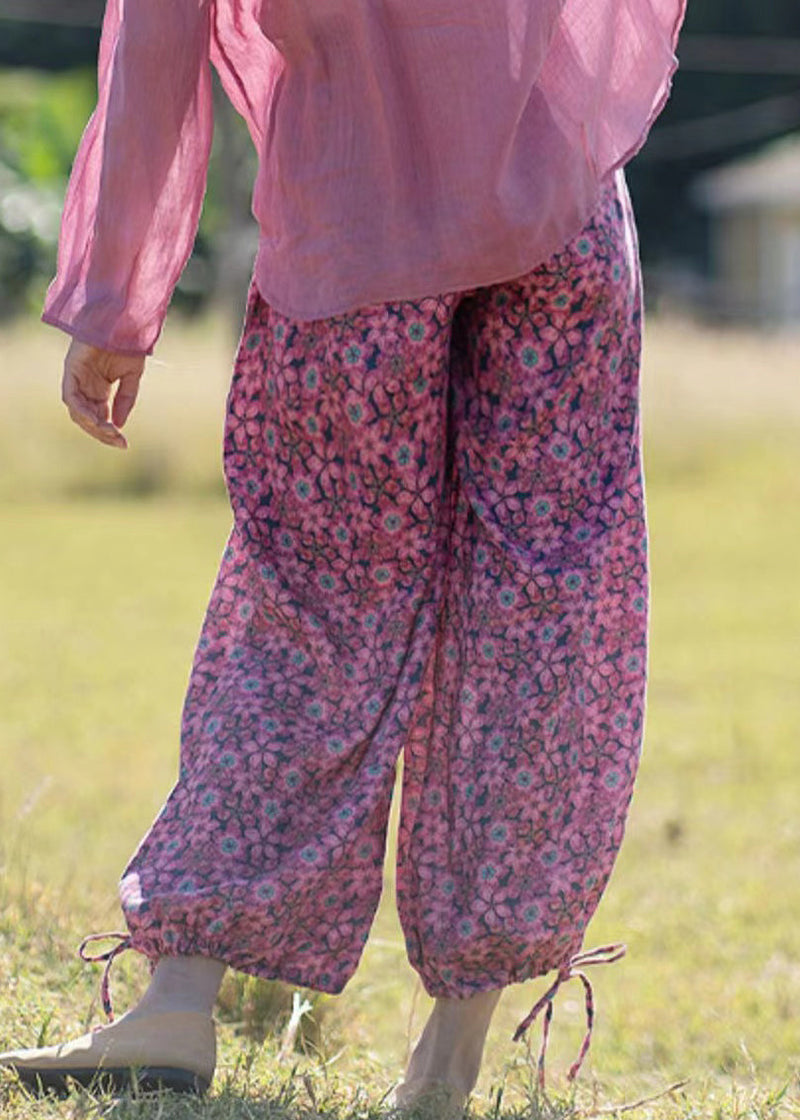 New Rose Ruffled Print Lace Up Linen Crop Pants Summer Gh1075