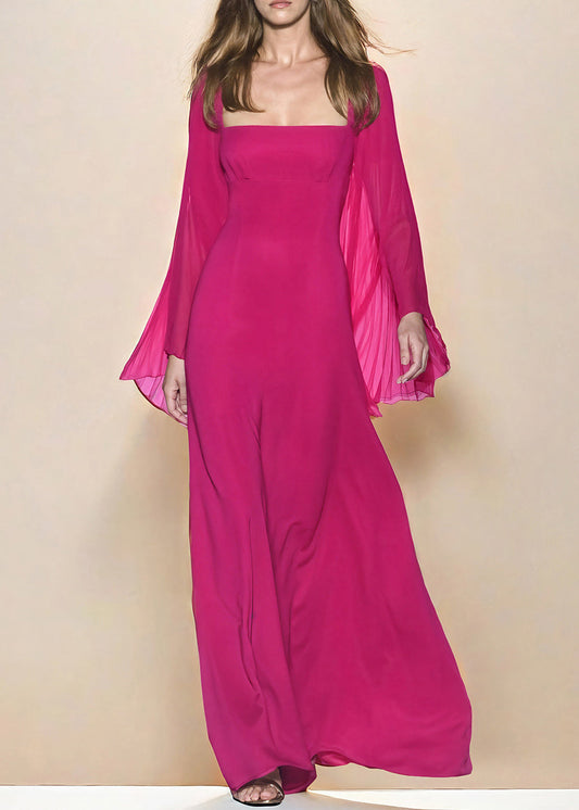 New Rose Square Collar Wrinkled Chiffon Long Dresses Fall Am1012