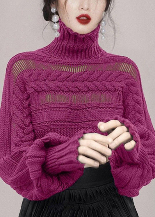 New Rose Turtleneck Hollow Out Cable Knit Sweaters Winter Wk009