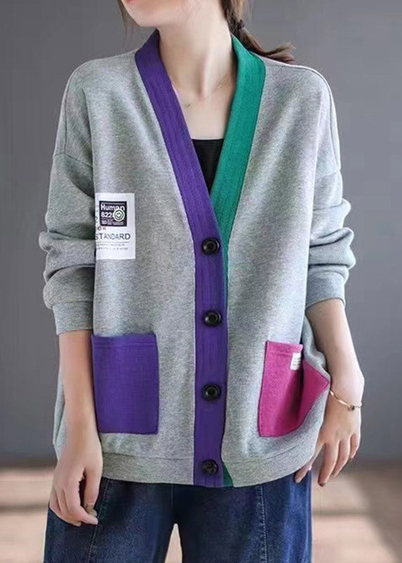 Rose Button Cardigan V Patchwork Spring Neck New Cotton