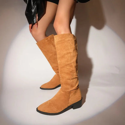 New Shoes for Classic Pointed Toe Pleated Boots Autumn Winter Suede Flock Knee High Boots Zapatos Mujer
