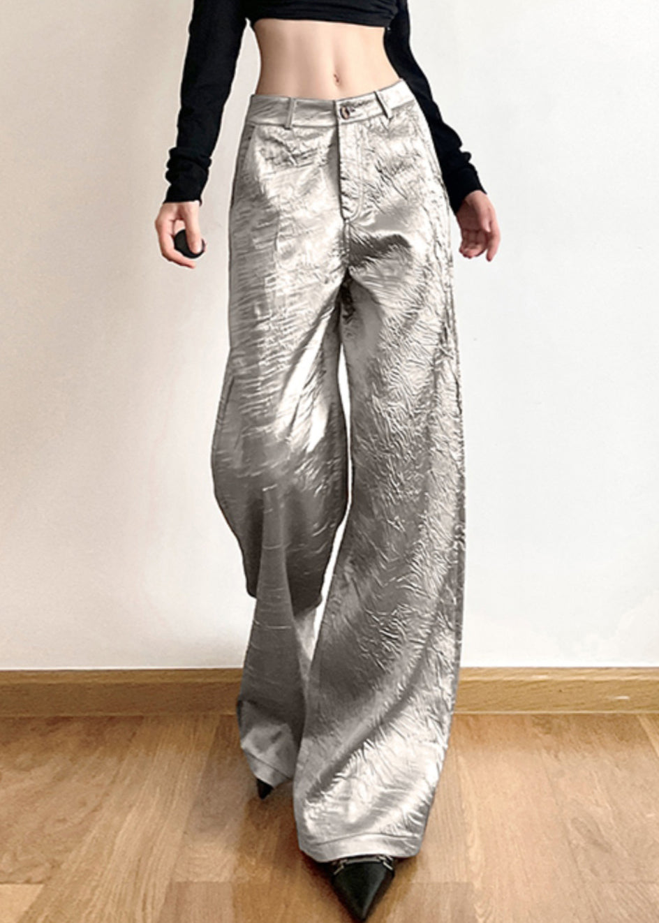 New Silver Pockets High Waist Wide Leg Pants Summer Aw1020