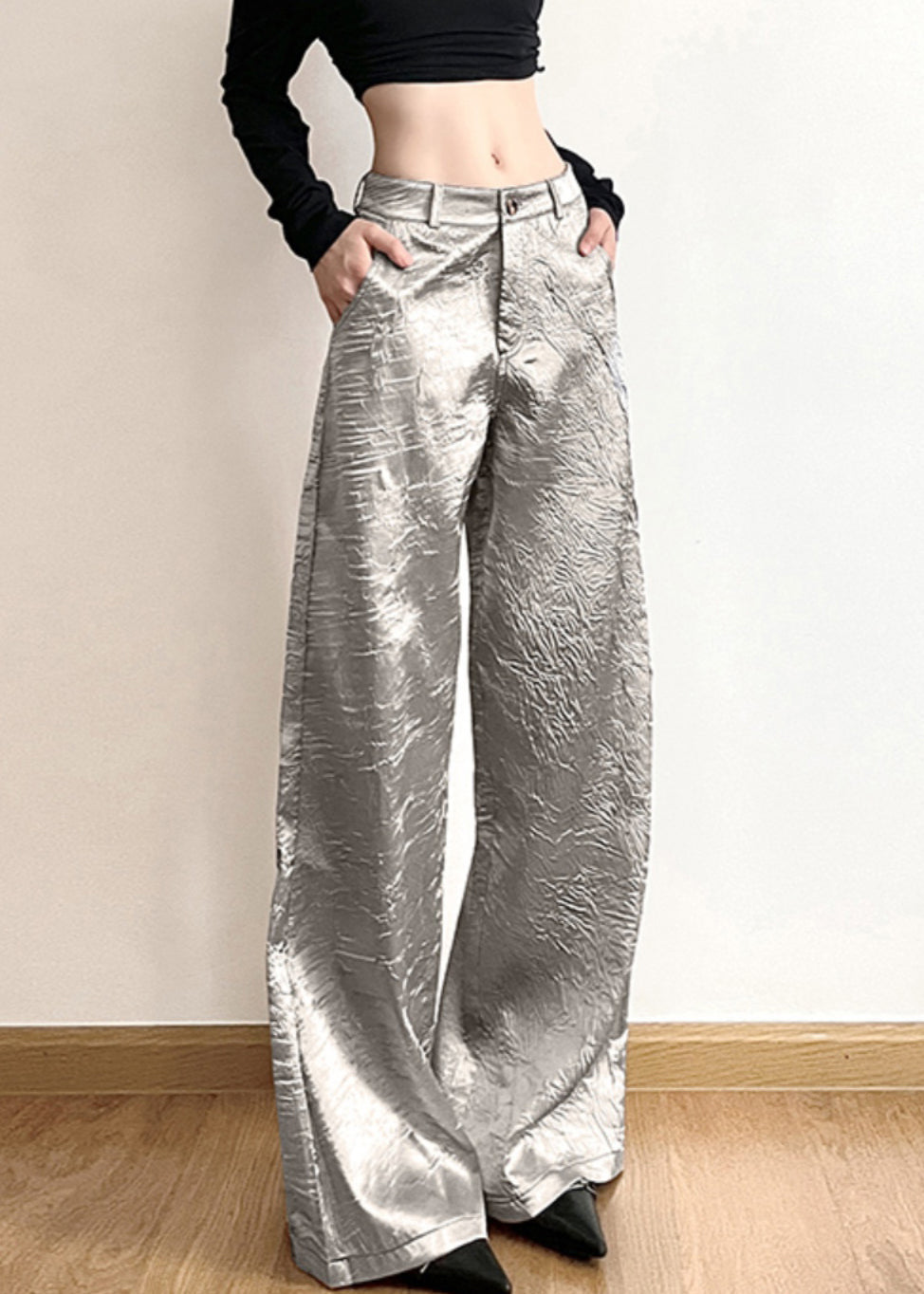 New Silver Pockets High Waist Wide Leg Pants Summer Aw1020