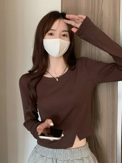 New Spring Y2k T-shirt Woman Long Sleeve Tee Shirt Femme Basic Crop Top Clothes Tshirt
