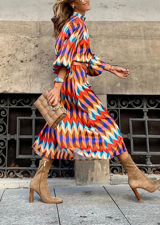New Stand Collar Geometric Print Cotton Long Dresses Lantern Sleeve Qr011