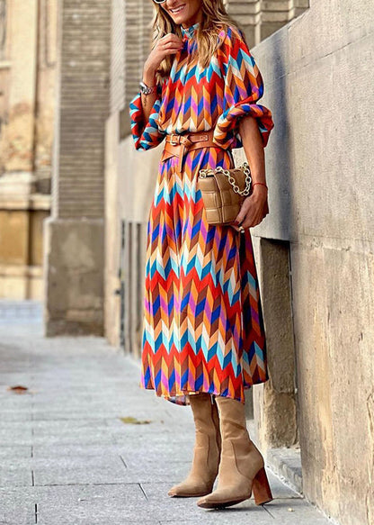 New Stand Collar Geometric Print Cotton Long Dresses Lantern Sleeve Qr011