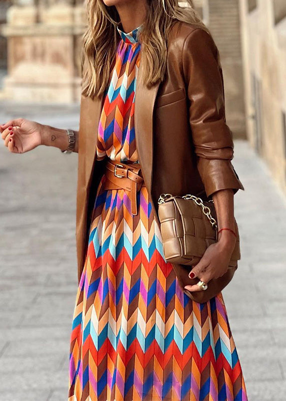New Stand Collar Geometric Print Cotton Long Dresses Lantern Sleeve Qr011