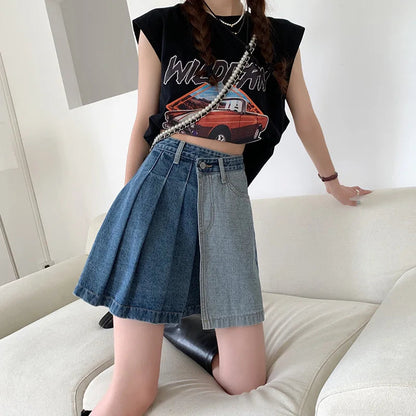 Denim Contrast Color Patchwork A-line Mini Skirt