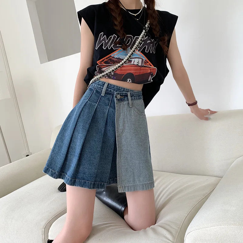 Denim Contrast Color Patchwork A-line Mini Skirt
