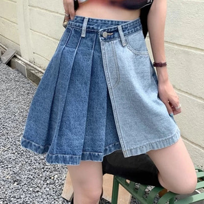 Denim Contrast Color Patchwork A-line Mini Skirt