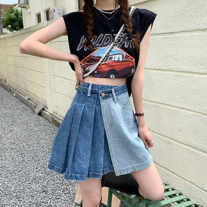 Denim Contrast Color Patchwork A-line Mini Skirt