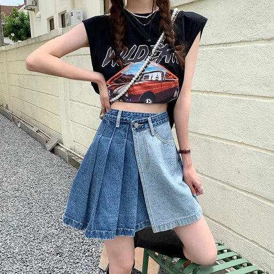 Denim Contrast Color Patchwork A-line Mini Skirt