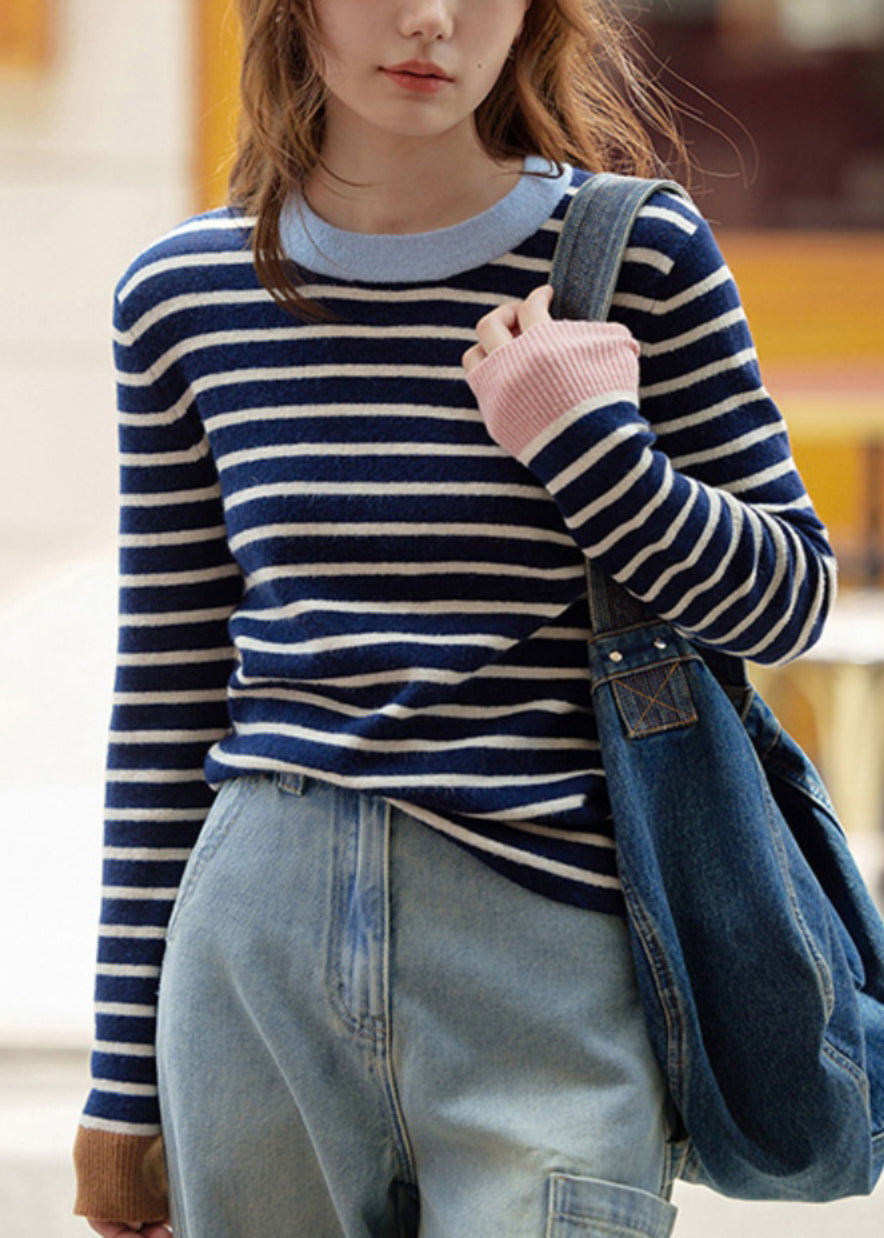 New Striped O Neck Patchwork Cozy Knit Sweaters Long Sleeve Tu043