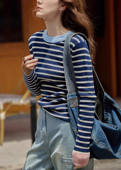 New Striped O Neck Patchwork Cozy Knit Sweaters Long Sleeve Tu043