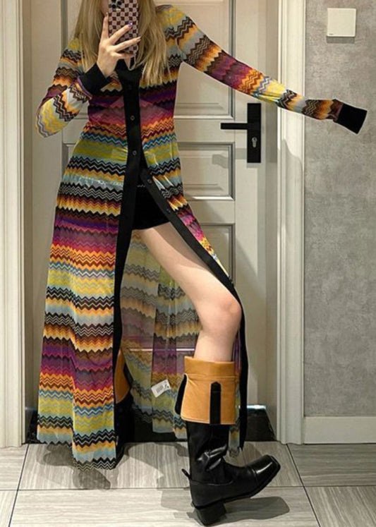 New Striped V Neck Button Tulle Long Cardigans Long Sleeve Op1032