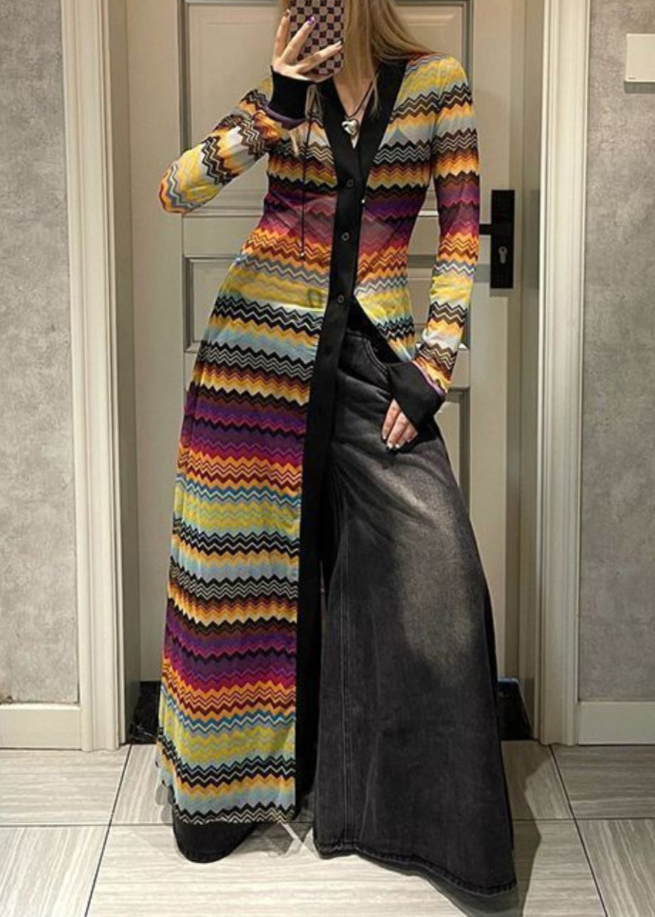 New Striped V Neck Button Tulle Long Cardigans Long Sleeve Op1032