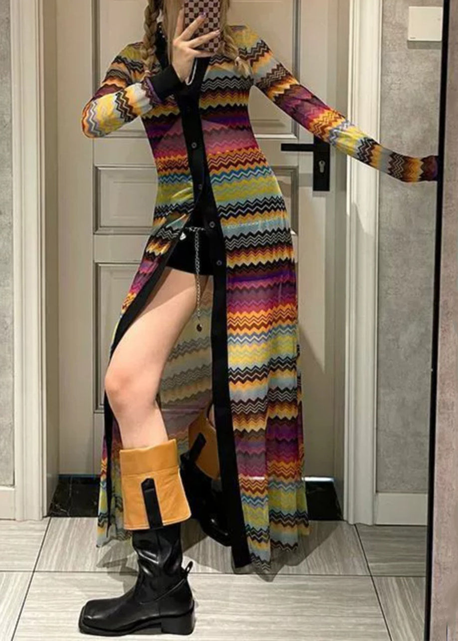 New Striped V Neck Button Tulle Long Cardigans Long Sleeve Op1032