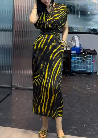 New Striped V Neck Pockets Cotton Long Dress Summer Xx072
