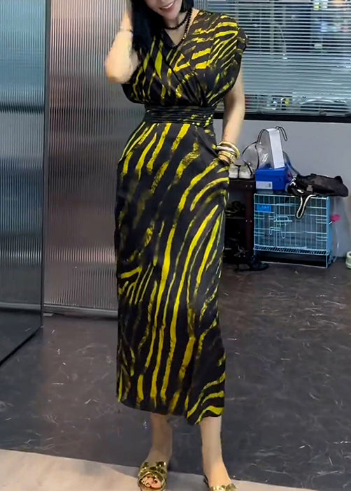 New Striped V Neck Pockets Cotton Long Dress Summer Xx072