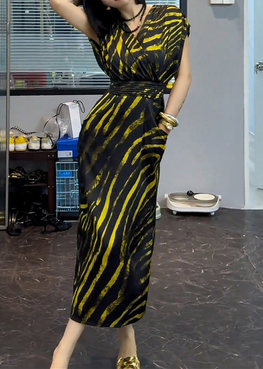 New Striped V Neck Pockets Cotton Long Dress Summer Xx072