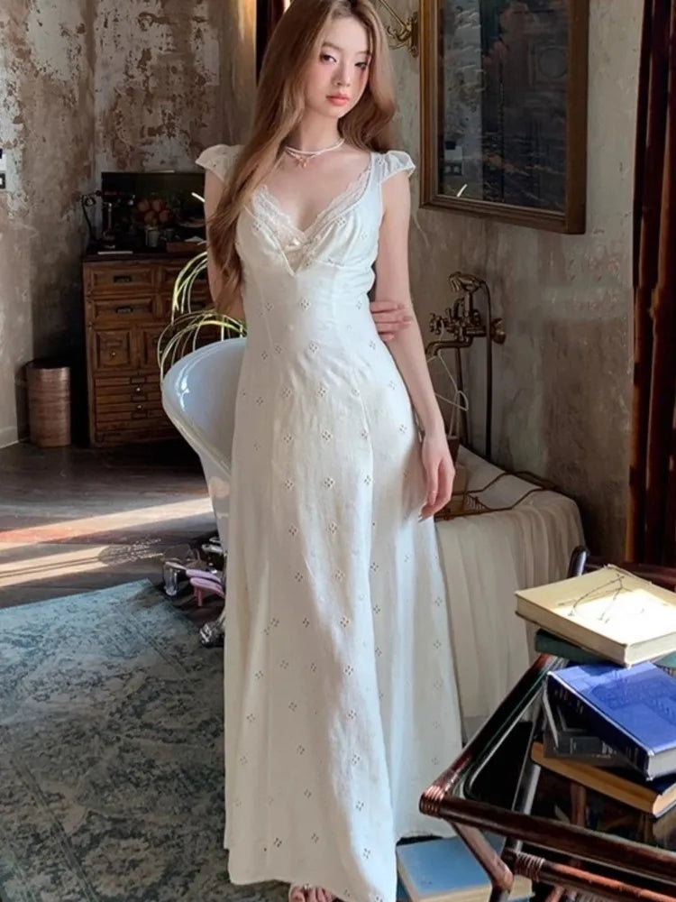 New Summer Hollow Out Midi Dress V-neck Vocation French Style White Dress Korean Slim Vestidos