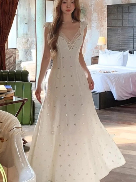 New Summer Hollow Out Midi Dress V-neck Vocation French Style White Dress Korean Slim Vestidos