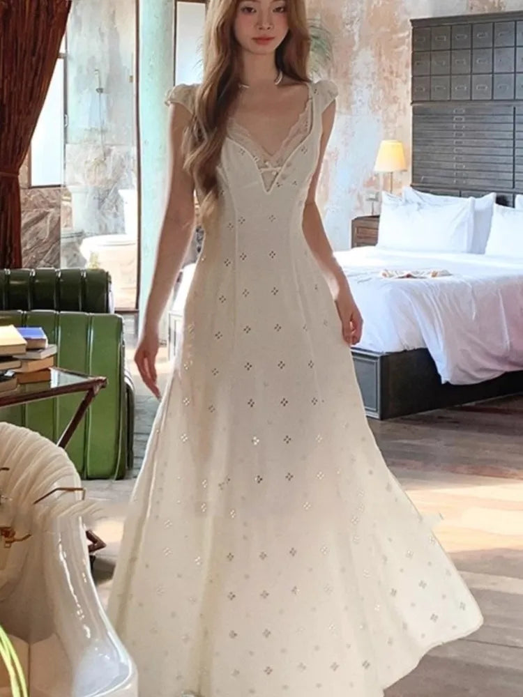 New Summer Hollow Out Midi Dress V-neck Vocation French Style White Dress Korean Slim Vestidos