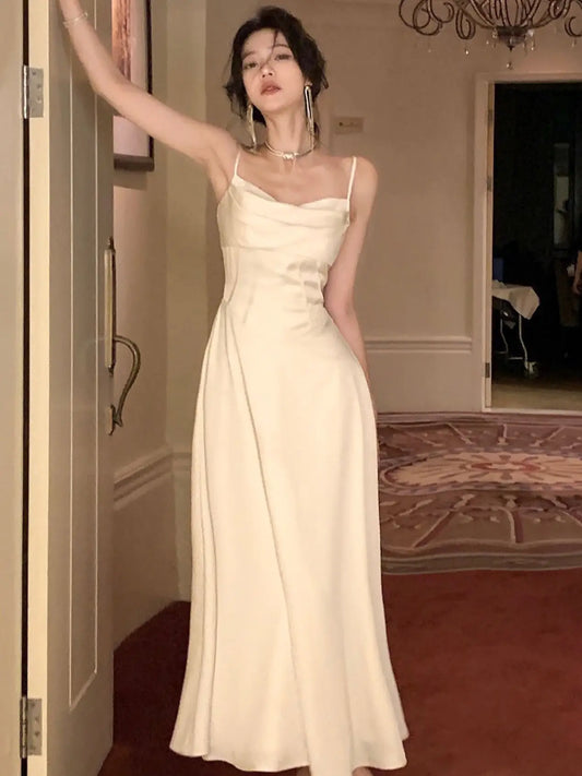 New Summer Satin Midi Dress Slim Spaghetti Strap Party Dresses Wedding Evening Birthday Backless Prom Robe Clothes