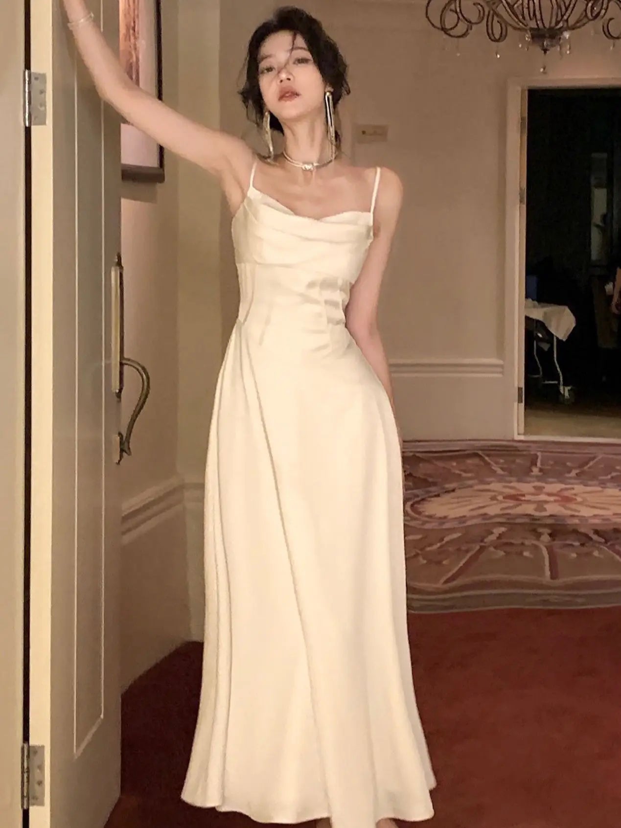 New Summer Satin Midi Dress Slim Spaghetti Strap Party Dresses Wedding Evening Birthday Backless Prom Robe Clothes