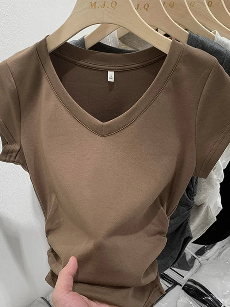 New Summer Top T Shirt Elasticity T-shirt Korean Style Woman Clothes Slim Tshirt Female Skinny Short Sleeve Tops Tee