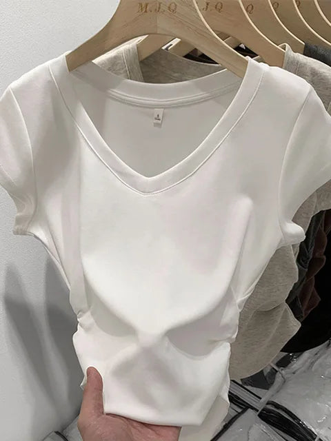 New Summer Top T Shirt Elasticity T-shirt Korean Style Woman Clothes Slim Tshirt Female Skinny Short Sleeve Tops Tee