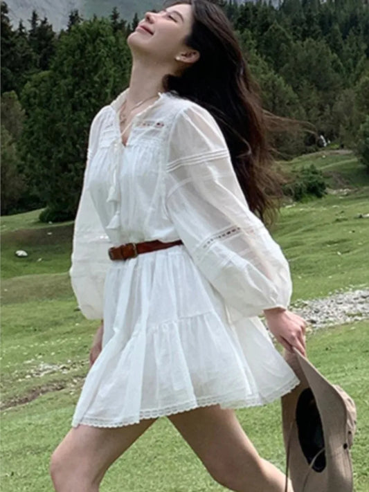 New Summer White Short Dresses for Lantern Sleeve With Belt Mini Dress French Style Shirt Vestidos