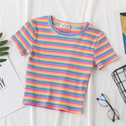 New T Shirt Rainbow Striped Tops Slim Fit T Shirt Harajuku Tshirt Summer Short Sleeve Korean T-shirt Feminina Clothes Tops