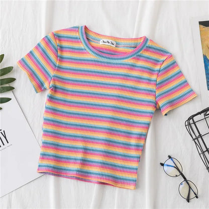 New T Shirt Rainbow Striped Tops Slim Fit T Shirt Harajuku Tshirt Summer Short Sleeve Korean T-shirt Feminina Clothes Tops