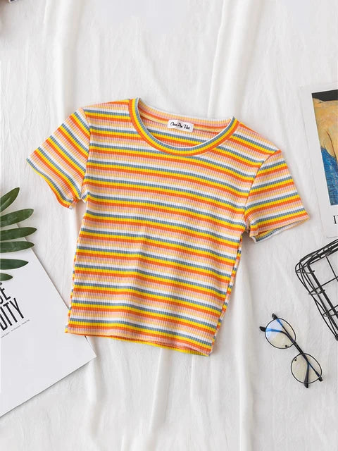 New T Shirt Rainbow Striped Tops Slim Fit T Shirt Harajuku Tshirt Summer Short Sleeve Korean T-shirt Feminina Clothes Tops