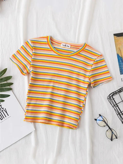 New T Shirt Rainbow Striped Tops Slim Fit T Shirt Harajuku Tshirt Summer Short Sleeve Korean T-shirt Feminina Clothes Tops