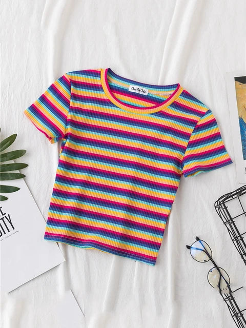 New T Shirt Rainbow Striped Tops Slim Fit T Shirt Harajuku Tshirt Summer Short Sleeve Korean T-shirt Feminina Clothes Tops