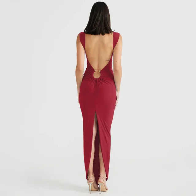 New V-neck Hollow Long Dress High Waist Backless Sleeveless Party Dresses Irregular Slit Evening Dress