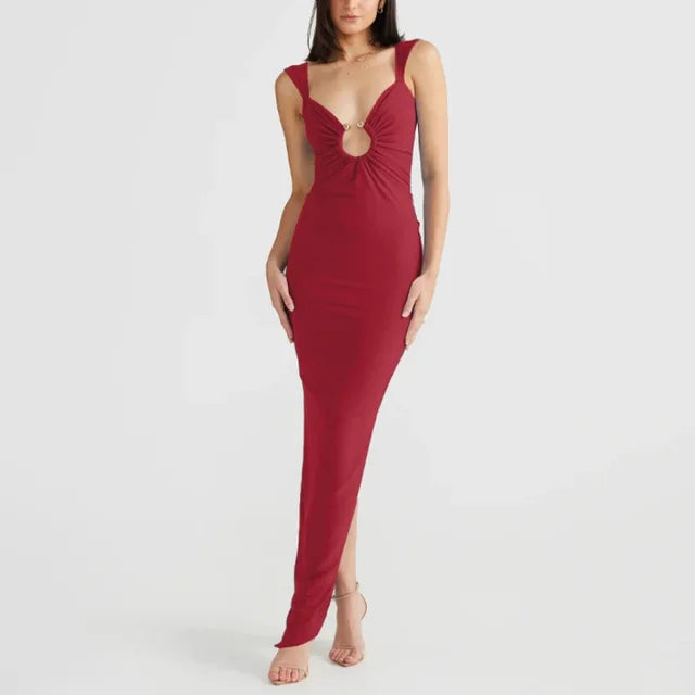 New V-neck Hollow Long Dress High Waist Backless Sleeveless Party Dresses Irregular Slit Evening Dress