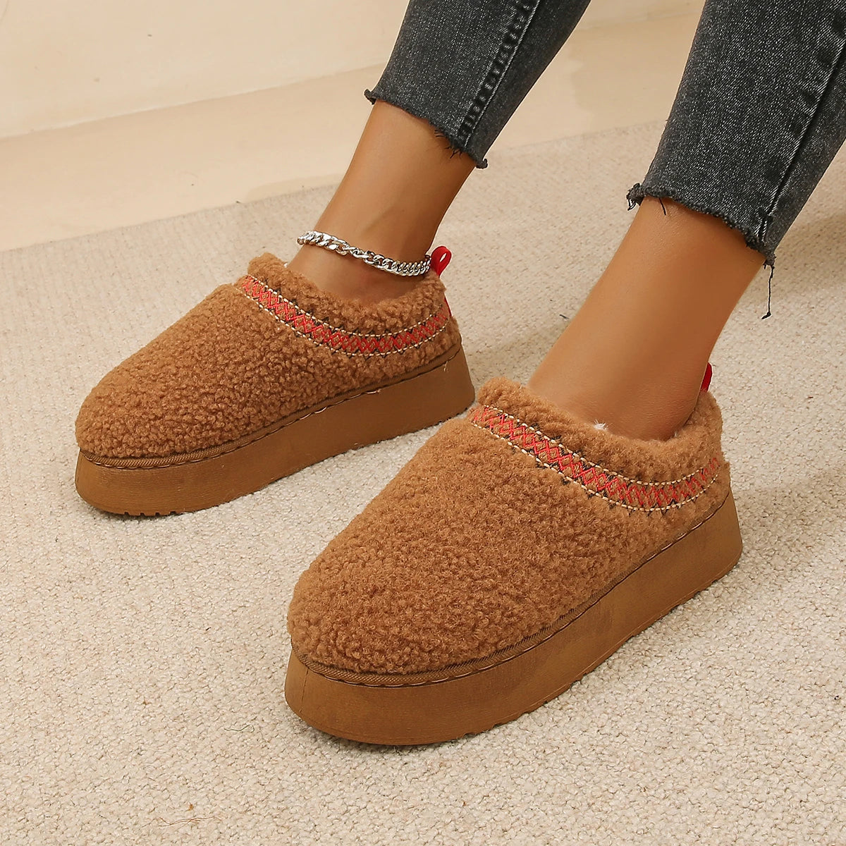 New Warm Fur Ankle Boots Flats Platform Slippers Plush Flip Flops Winter Cotton Shoes for Brand Design Snow Botas