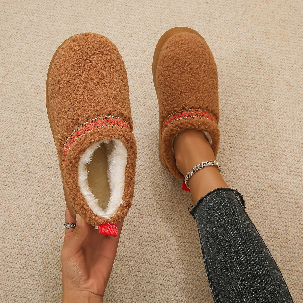 New Warm Fur Ankle Boots Flats Platform Slippers Plush Flip Flops Winter Cotton Shoes for Brand Design Snow Botas