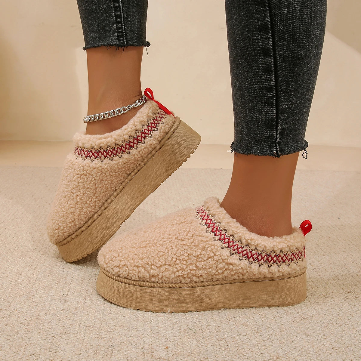 New Warm Fur Ankle Boots Flats Platform Slippers Plush Flip Flops Winter Cotton Shoes for Brand Design Snow Botas