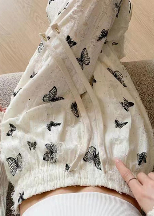 New White Butterfly Hollow Out Elastic Waist Cotton Pants Summer Ab1003