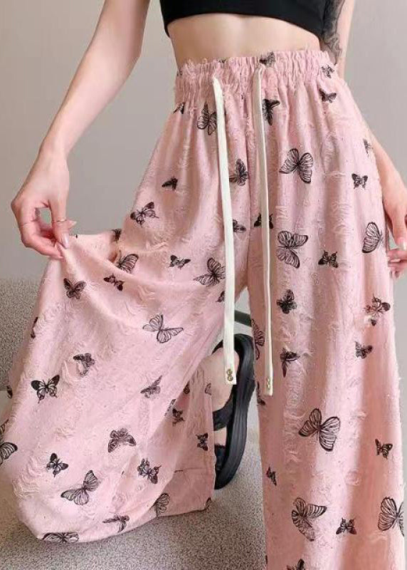New White Butterfly Hollow Out Elastic Waist Cotton Pants Summer Ab1003