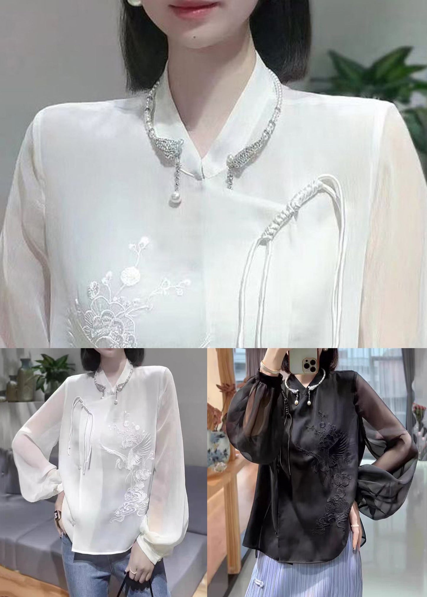 Black Button Chiffon Blouses Stand Collar Lantern Sleeve Qa1049