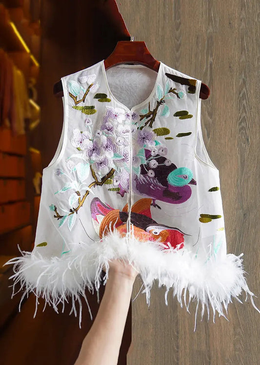 Embroidered Feather Silk Waistcoat Sleeveless