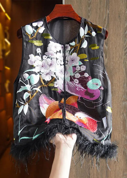 Embroidered Feather Silk Waistcoat Sleeveless