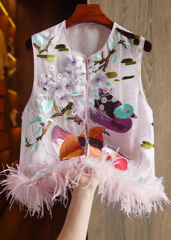 Embroidered Feather Silk Waistcoat Sleeveless