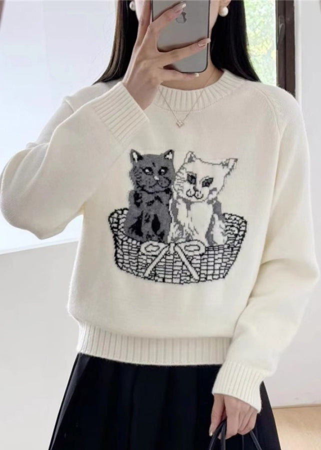 New White O Neck Animal Cozy Knit Sweaters Fall Qc028